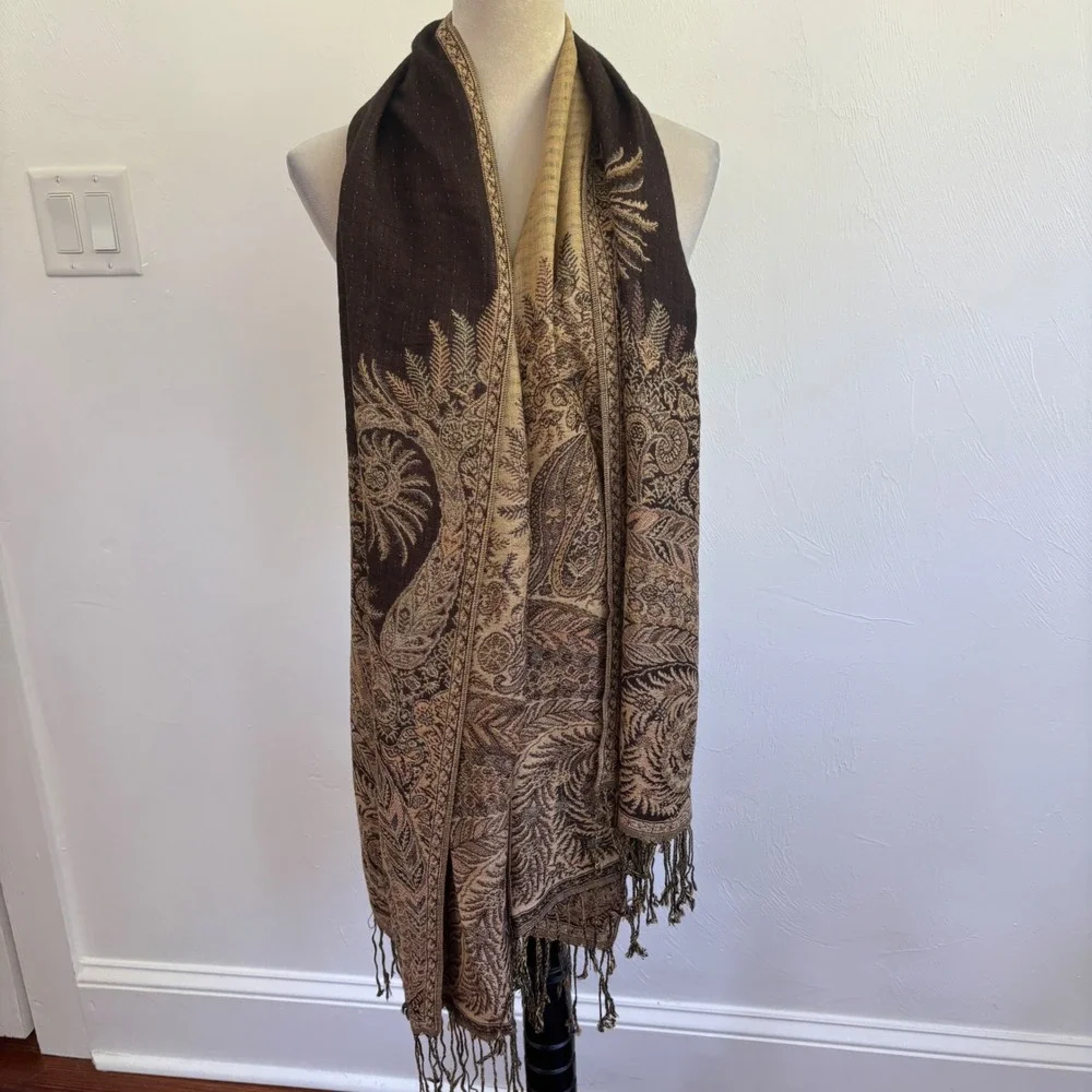 Pashmina Scarf Wrap Shawl Brown Gold Paisley Jacquard Pattern Fringe Viscose